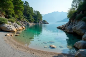 Crique secrète et rocheuse du lac du Bourget avec eau turquoise transparente et végétation sauvage en arrière-plan