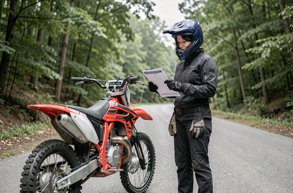 Femme comparant les critères d'une moto cross 125 homologuée sur route forestière avec checklist