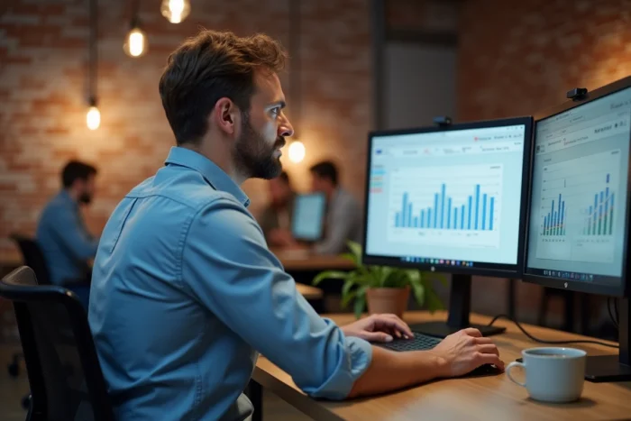 Commercial utilisant un logiciel CRM pour gérer son pipeline de prospection dans un espace de coworking