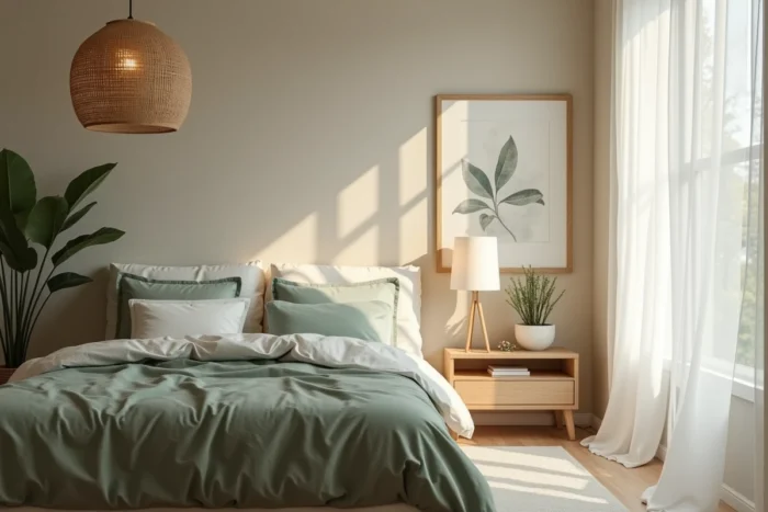 Chambre à coucher décorée avec linge de lit en lin sauge, lampe en rotin et mur en stuc chaux