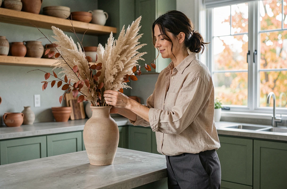 Femme arrangeant des herbes de pampa séchées dans un vase en céramique sur un îlot de cuisine avec cabinetry vert sauge