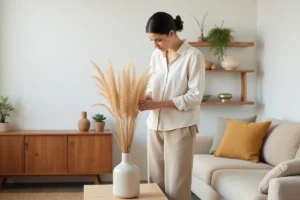 Femme décorant un salon scandinave avec un vase en céramique et des herbes de la pampa séchées