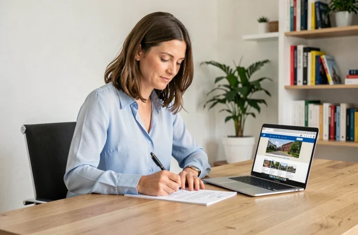 Femme effectuant des démarches administratives éducatives en Suisse depuis son bureau à domicile