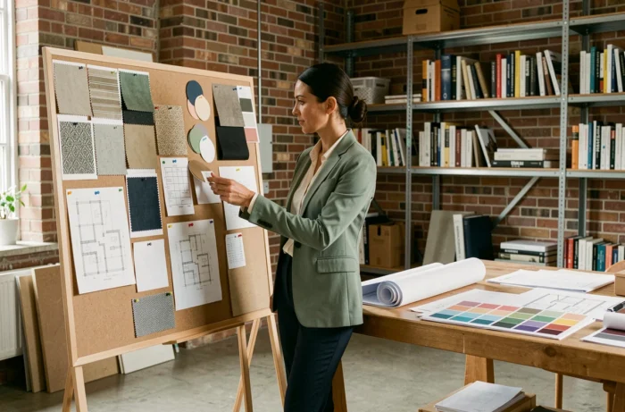 Designer d'intérieur présentant un moodboard avec échantillons de matières et palettes de couleurs dans un studio de design contemporain