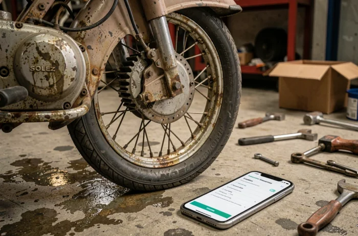 Gros plan sur le moteur et la roue avant d'un Solex ancien dans un garage avec un devis d'assurance affiché sur smartphone