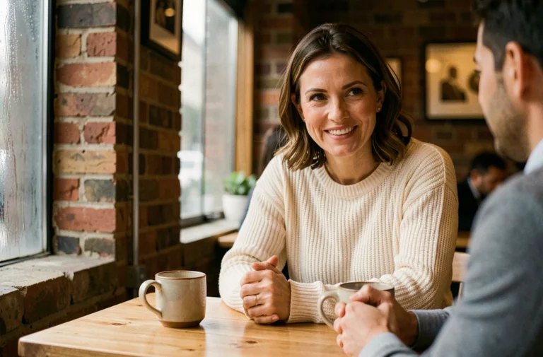 Femme attentive écoutant un collègue dans un café chaleureux, illustrant l'empathie et les qualités humaines au quotidien