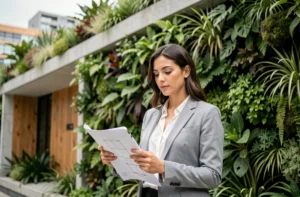 Femme professionnelle dans le secteur du développement durable devant un bâtiment écologique avec façade végétalisée