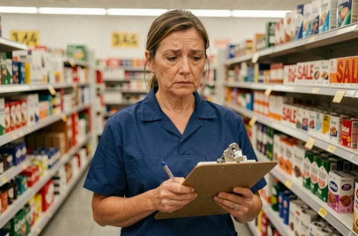 Employée de supermarché dans un rayon presque vide, illustrant l'impact humain de la fermeture de magasins Cora