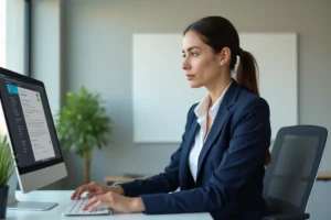 Enseignante utilisant l'intranet AC Amiens sur un ordinateur de bureau dans un bureau moderne