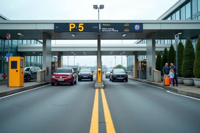 Entrée du parking P5 à l'aéroport de Toulouse-Blagnac avec barrière et tarifs affichés