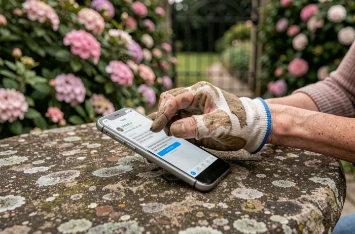 Mains d'une jardinière envoyant un message de contact depuis le jardin sur un smartphone