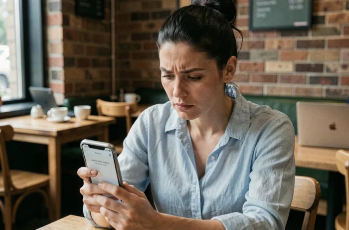 Femme consultant son smartphone avec une erreur de chargement de page web dans un café