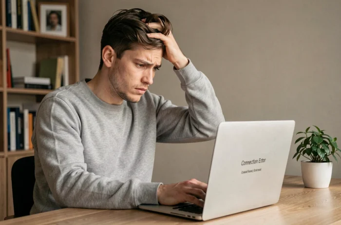 Homme frustré devant un écran d'ordinateur affichant une erreur de connexion sur un site de streaming