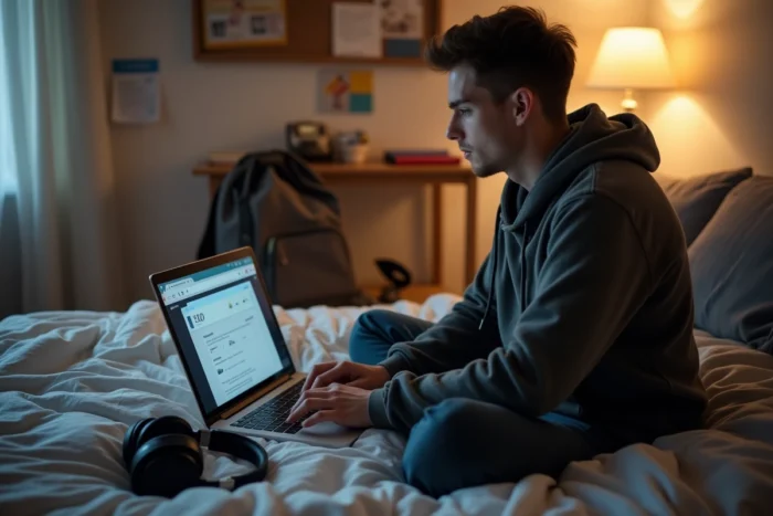 Étudiant téléchargeant un fichier MP3 via un convertisseur en ligne sur son ordinateur portable dans sa chambre