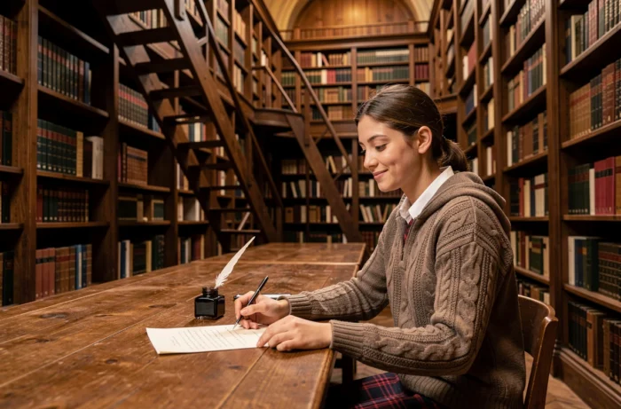 Jeune étudiante de Poudlard lisant une lettre romantique dans une bibliothèque de château aux étagères de livres anciens