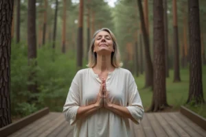 Femme pratiquant un exercice de respiration profonde en pleine nature dans une forêt de pins, mains posées sur la cage thoracique