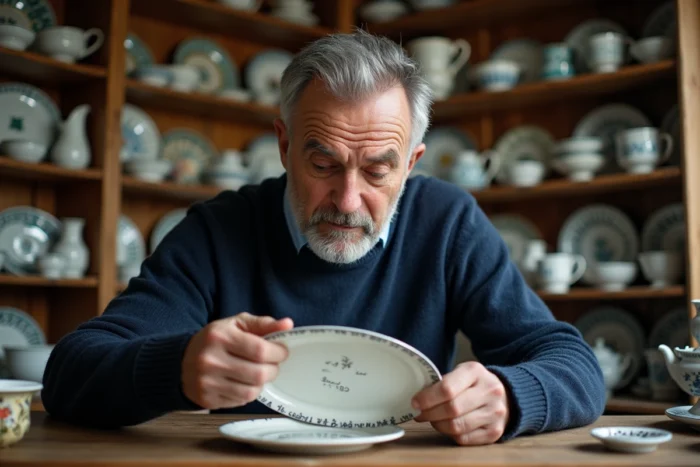 Collectionneur examinant le marquage sous une faïence Henriot Quimper ancienne dans son bureau d'expert