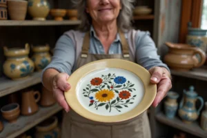 Femme tenant une ancienne faïence Henriot Quimper décorée de motifs bretons dans une boutique d'antiquités