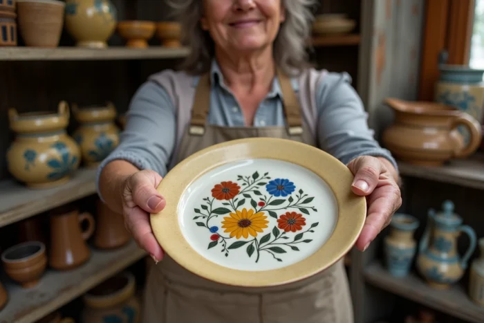 Femme tenant une ancienne faïence Henriot Quimper décorée de motifs bretons dans une boutique d'antiquités