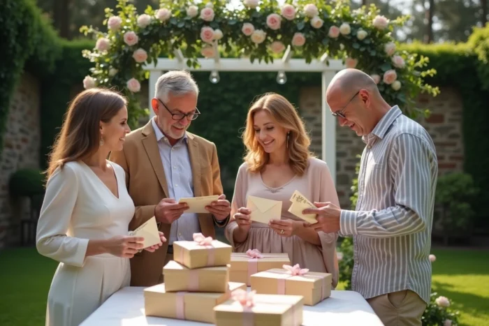 Groupe familial discutant du montant des cadeaux d'argent autour d'une table décorée lors d'un mariage en plein air