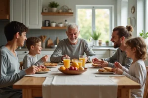 Famille épanouie partageant un petit-déjeuner convivial autour d'une table en bois dans une cuisine scandinave chaleureuse