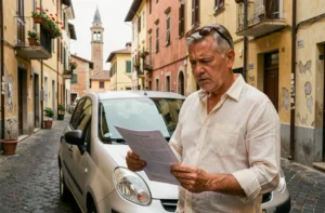 Homme tenant un faux PV à côté d'une voiture de location dans une rue pavée italienne