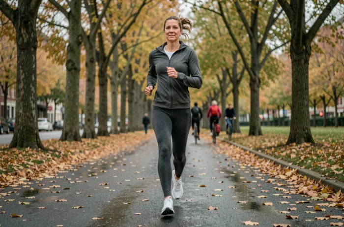 Femme active faisant du jogging dans un parc urbain en automne parmi les feuilles dorées