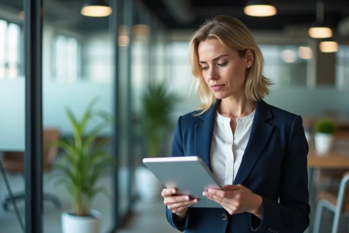 Femme professionnelle tenant une tablette affichant des avis clients dans un espace de coworking moderne, symbolisant l'analyse critique des évaluations en ligne