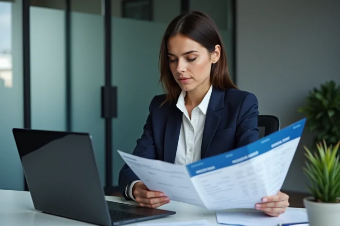 Femme professionnelle analysant une facture de téléphone mobile au bureau