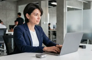 Femme professionnelle utilisant un ordinateur portable entourée de gadgets technologiques dans un bureau moderne
