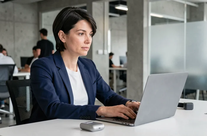 Femme professionnelle utilisant un ordinateur portable entourée de gadgets technologiques dans un bureau moderne