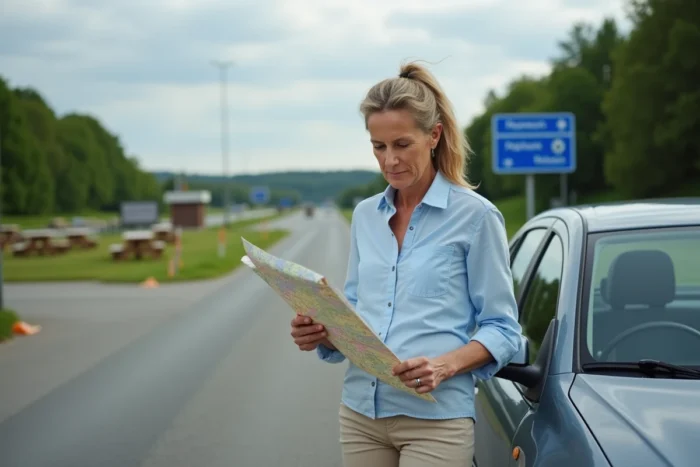 Femme consultant une carte routière dans une aire de repos sur autoroute en France