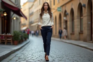 Femme portant des chaussures Oxford marron cognac avec un pantalon marine et une blouse en lin crème dans une rue pavée européenne
