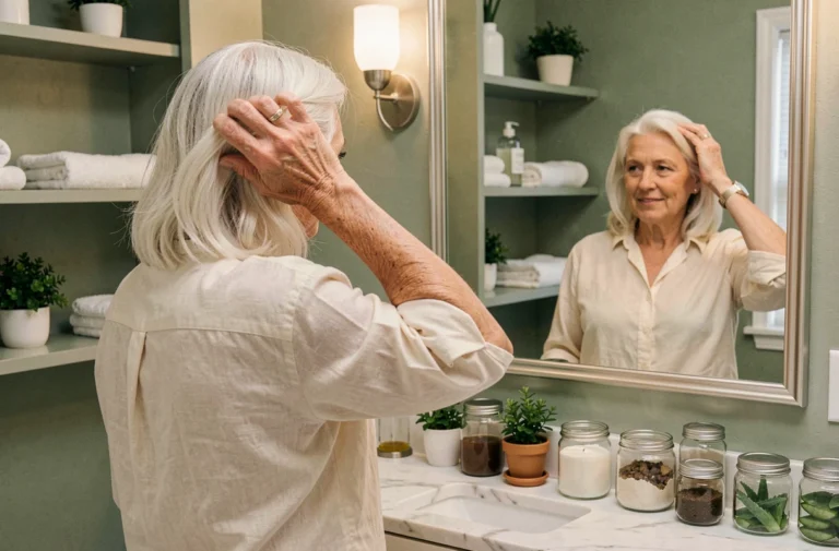 Femme aux cheveux blancs prenant soin de sa chevelure naturellement avec des ingrédients naturels dans une salle de bain élégante