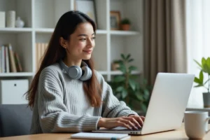 Jeune femme utilisant un convertisseur MP3 en ligne sur son ordinateur portable dans un bureau à domicile