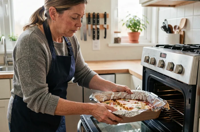 Femme couvrant un plat de lasagnes avec du papier aluminium avant de le réchauffer au four dans une cuisine moderne
