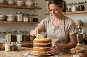 Femme décorant un gâteau maison à la crème au beurre vanille dans une cuisine rustique chaleureuse