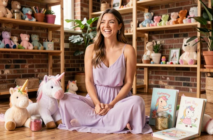 Jeune femme souriante entourée de décorations licorne artisanales dans un studio bohème chaleureux, évoquant bonheur et imagination