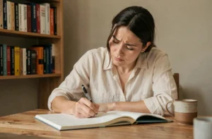 Femme concentrée écrivant dans un cahier avec des livres de grammaire française en arrière-plan, illustrant la rédaction soignée et la correction orthographique