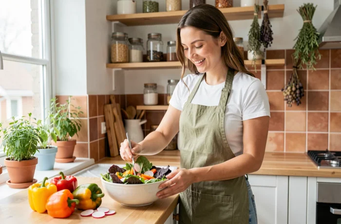 Jeune femme épanouie préparant une salade colorée et saine dans une cuisine naturelle et lumineuse
