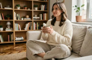 Femme épanouie se relaxant sur un canapé en lin avec une tasse de thé dans un intérieur chaleureux et cosy