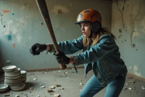 Femme en tenue de protection dans une fury room à Lyon brisant de la vaisselle avec une batte de baseball
