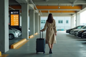 Femme avec valise devant le panneau des tarifs du parking P5 à l'aéroport de Toulouse-Blagnac