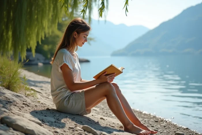 Femme lisant sur un rocher plat d'une plage cachée au bord du lac du Bourget lors d'une journée d'été
