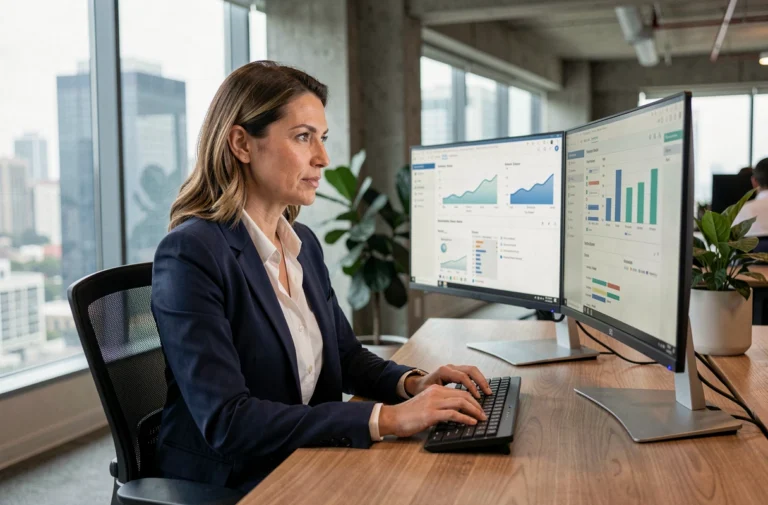 Femme professionnelle travaillant sur deux écrans dans un bureau moderne avec des solutions bureautiques innovantes pour améliorer la productivité