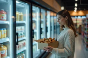 Femme comparant des produits surgelés dans le rayon d'un supermarché, tenant une boîte de légumes surgelés