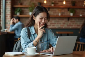 Jeune femme comparant les prix de billets d'avion Ryanair sur un ordinateur portable dans un café
