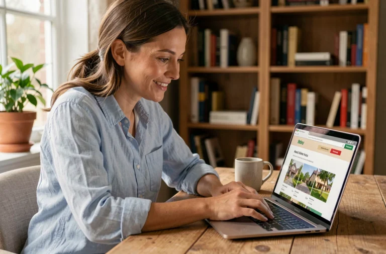 Femme cherchant des offres de location immobilière en ligne sur un ordinateur portable dans un bureau à domicile