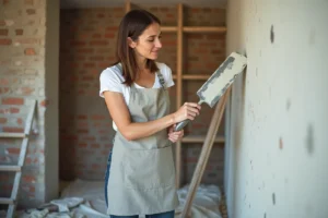 Femme rénovant un mur intérieur avec une taloche en acier inoxydable dans une pièce en cours de travaux