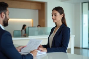 Une femme consulte les services bancaires de Mister Cash avec un conseiller dans une agence moderne